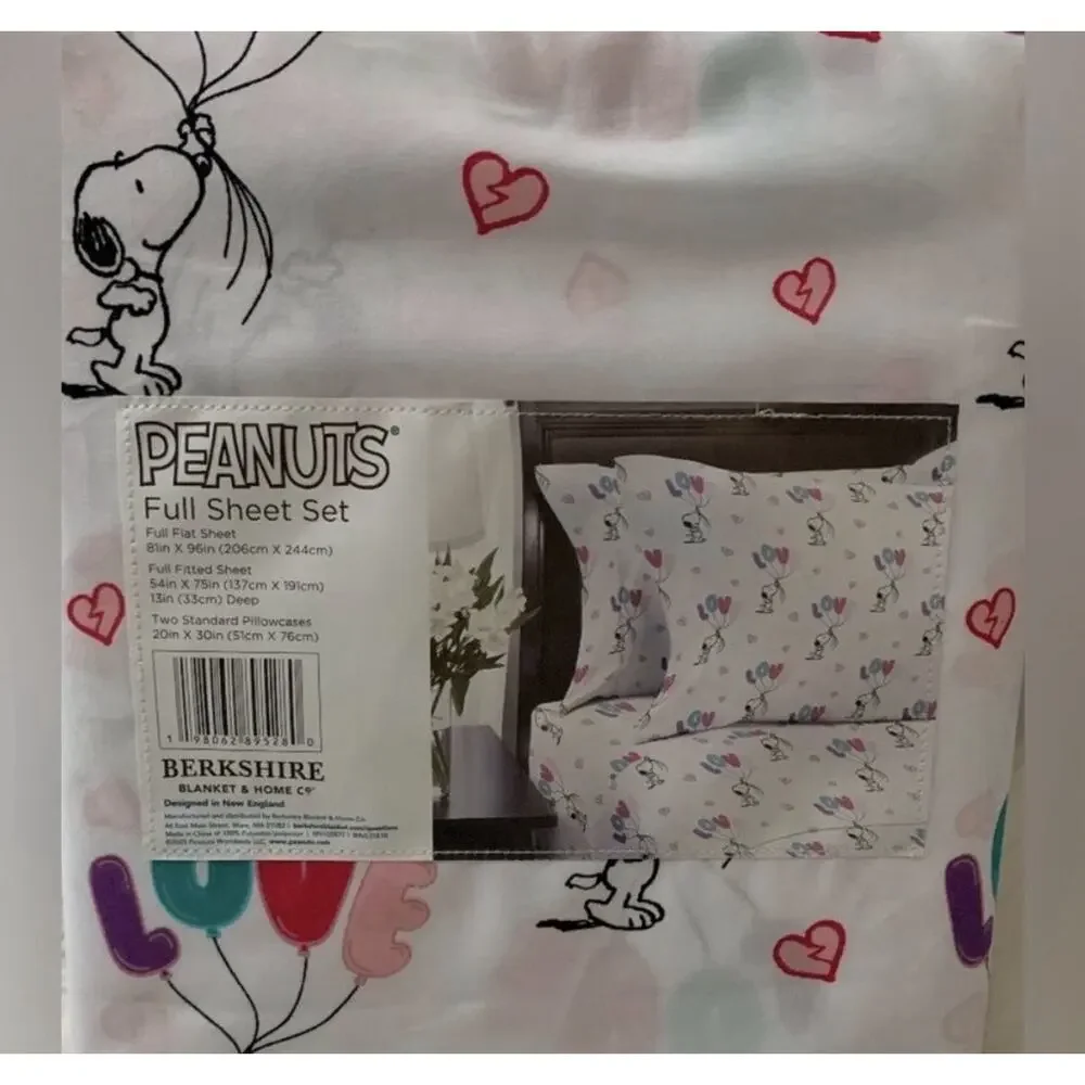 New! Berkshire Home Peanuts Snoopy LOVE BALLOONS Full Sheet Set Brushed White